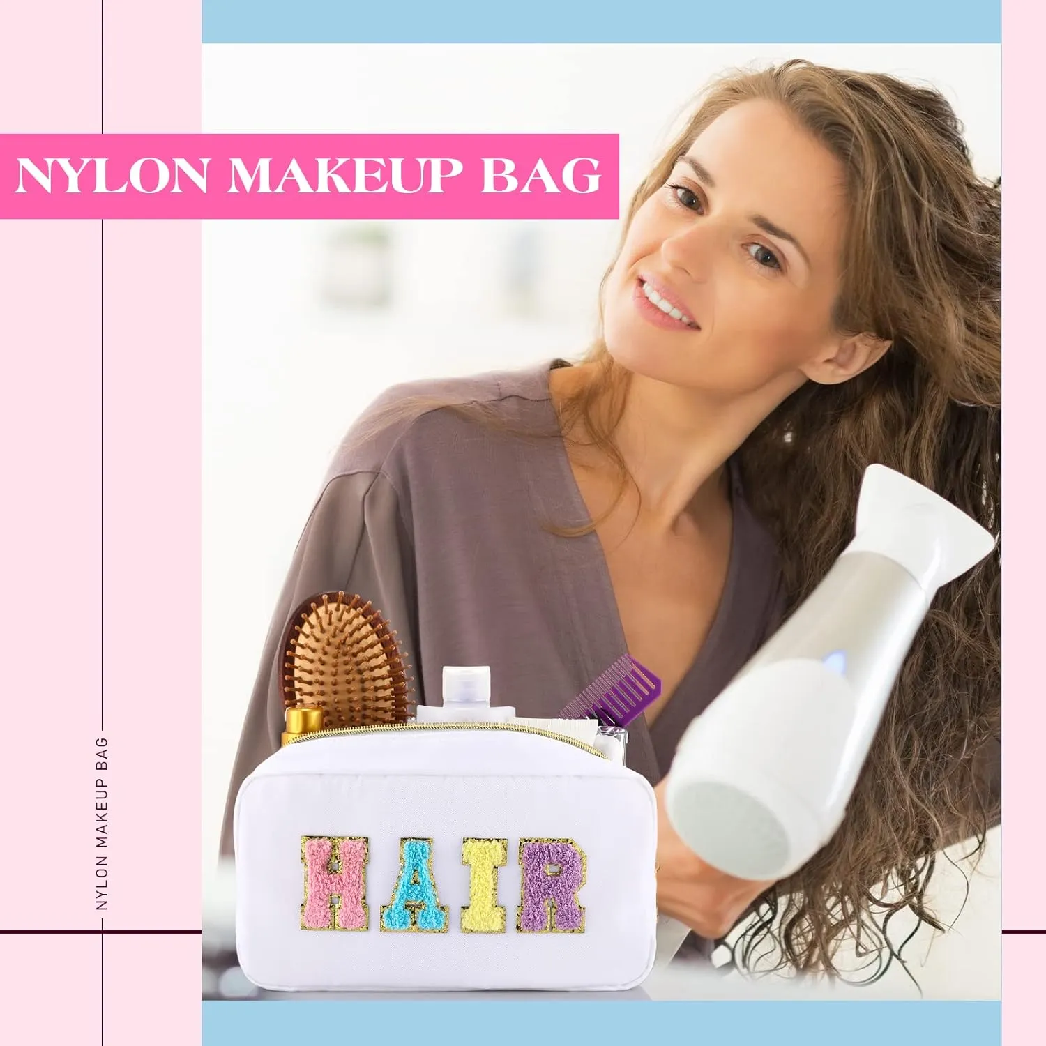 Cunno 4 Pcs Preppy Makeup Bags Chenille Letter Stuff Bag Nylon Cosmetic Pouch Cases with Zipper for Women Travel Toiletry