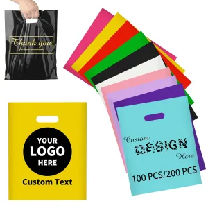 Custom Bags with Logo-Plastic Personalized Gifts Bags for Small Businesses, Clothing Stores, Boutiques, Supermarkets, Retailers, Party Events (200)