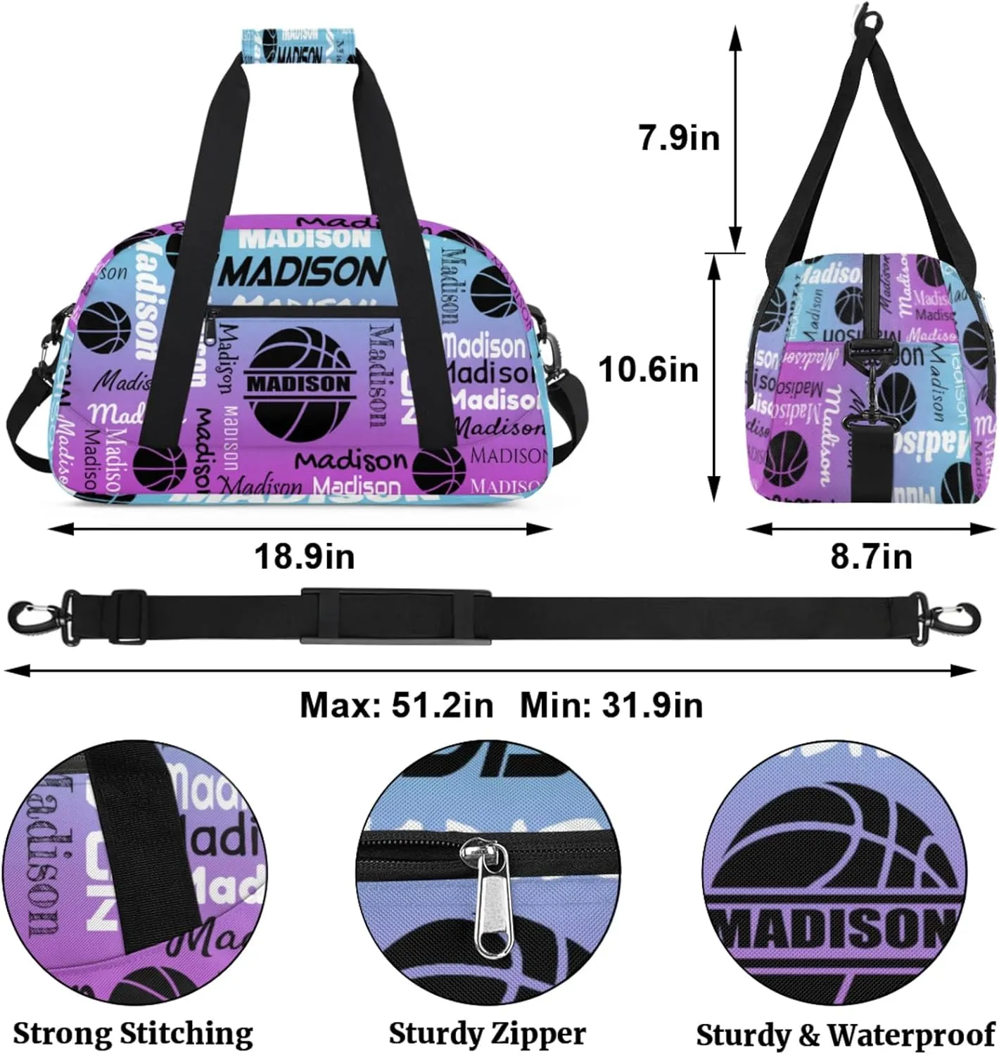 Custom Basketball Gym Duffel Bag for Women Men, Personalized Name Travel Sport Bags Customized Balls Weekender Bag, Blue Purple Gradient