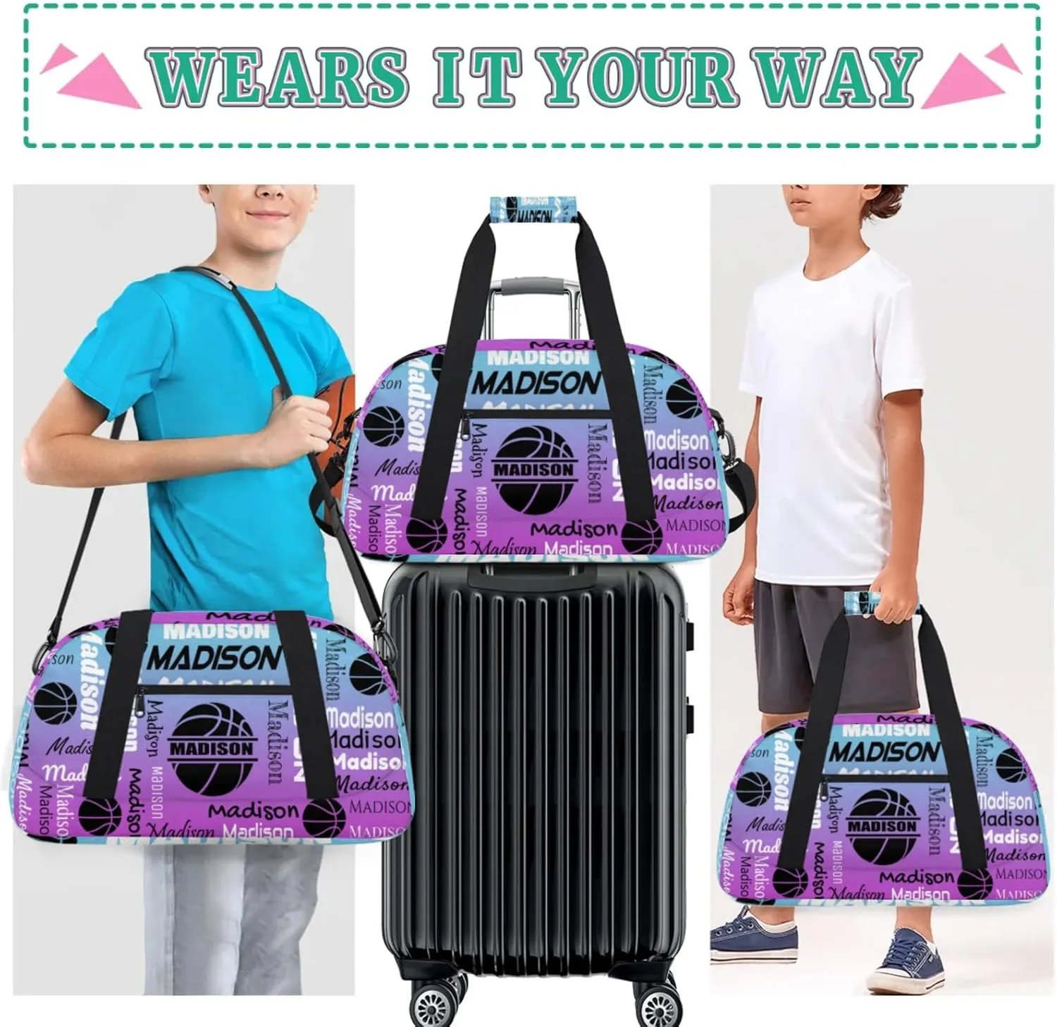 Custom Basketball Gym Duffel Bag for Women Men, Personalized Name Travel Sport Bags Customized Balls Weekender Bag, Blue Purple Gradient