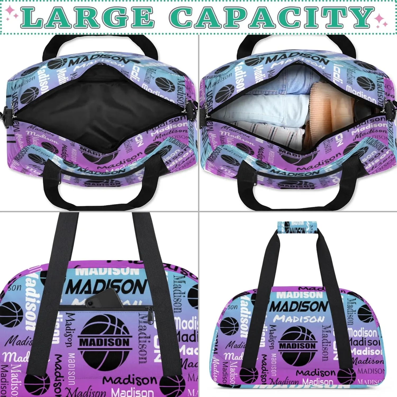 Custom Basketball Gym Duffel Bag for Women Men, Personalized Name Travel Sport Bags Customized Balls Weekender Bag, Blue Purple Gradient