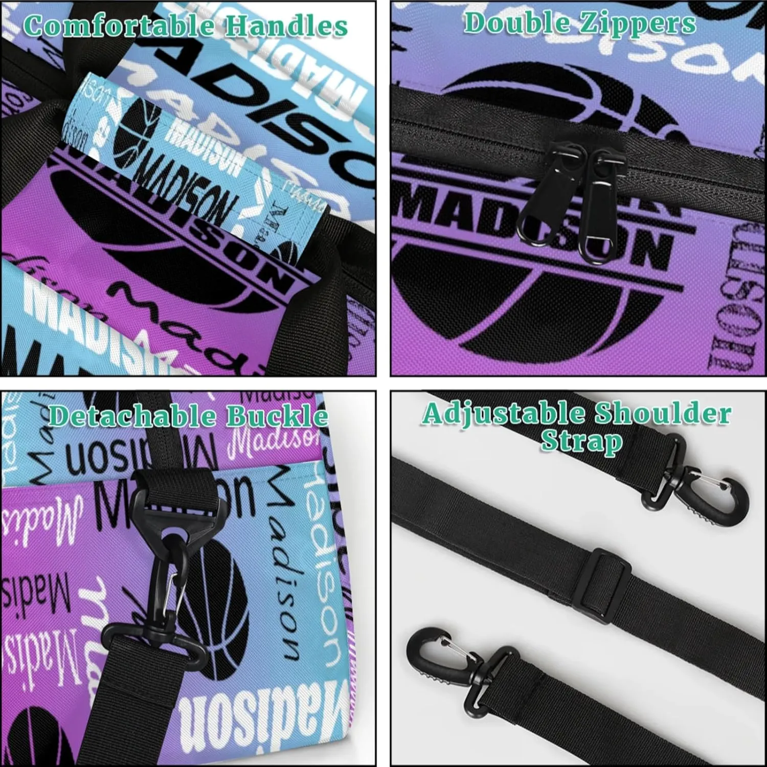 Custom Basketball Gym Duffel Bag for Women Men, Personalized Name Travel Sport Bags Customized Balls Weekender Bag, Blue Purple Gradient