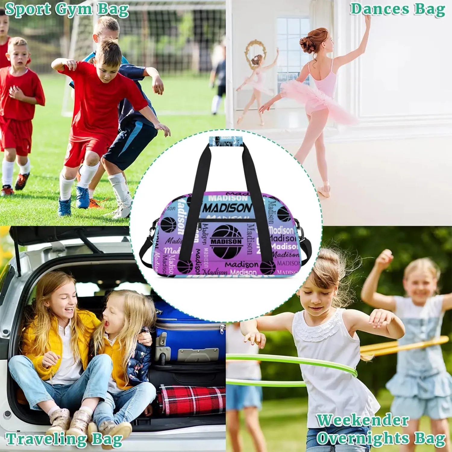 Custom Basketball Gym Duffel Bag for Women Men, Personalized Name Travel Sport Bags Customized Balls Weekender Bag, Blue Purple Gradient