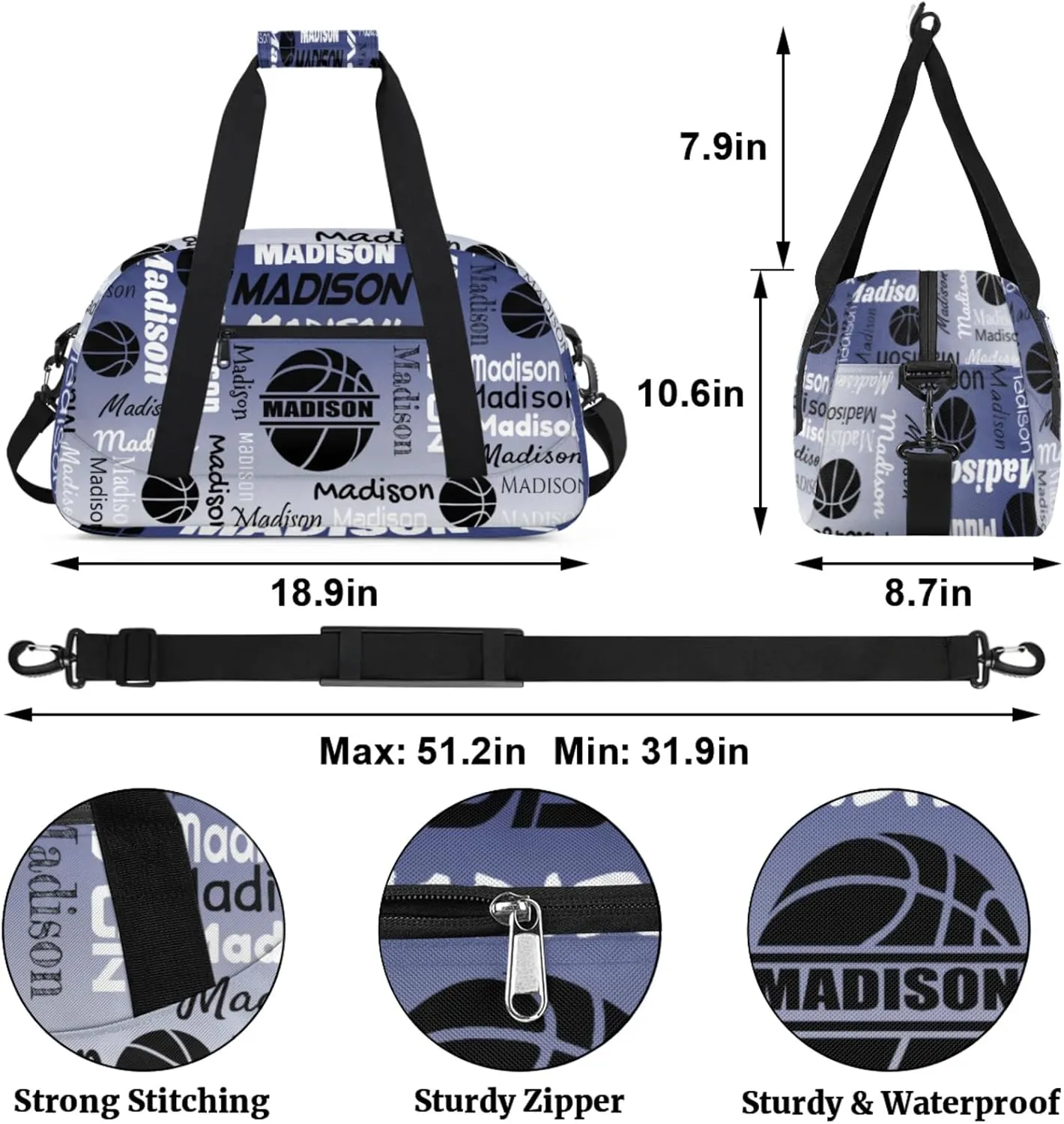 Custom Basketball Gym Duffel Bag for Women Men, Personalized Name Travel Sport Bags Customized Balls Weekender Bag, Cobalt Blue Gradient