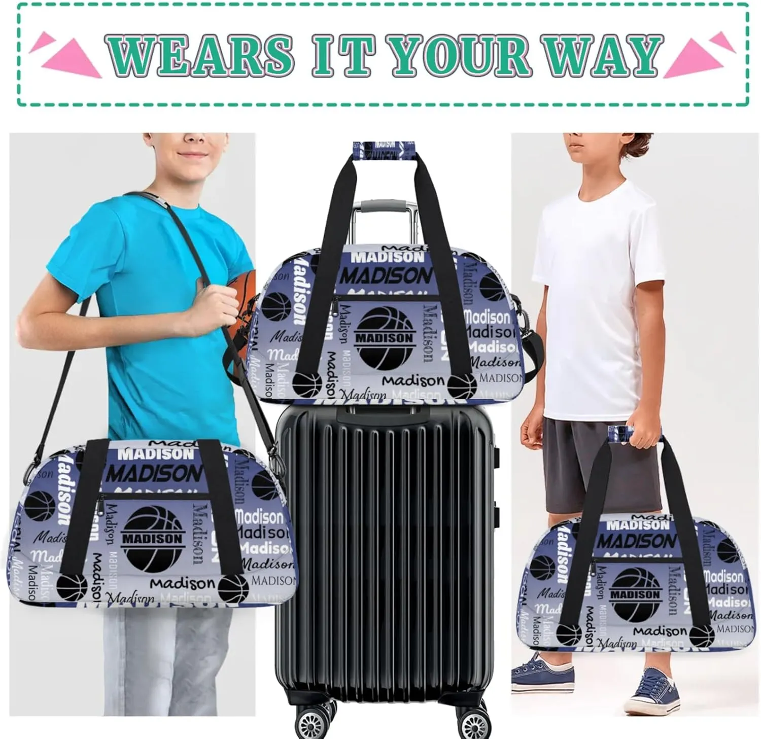 Custom Basketball Gym Duffel Bag for Women Men, Personalized Name Travel Sport Bags Customized Balls Weekender Bag, Cobalt Blue Gradient