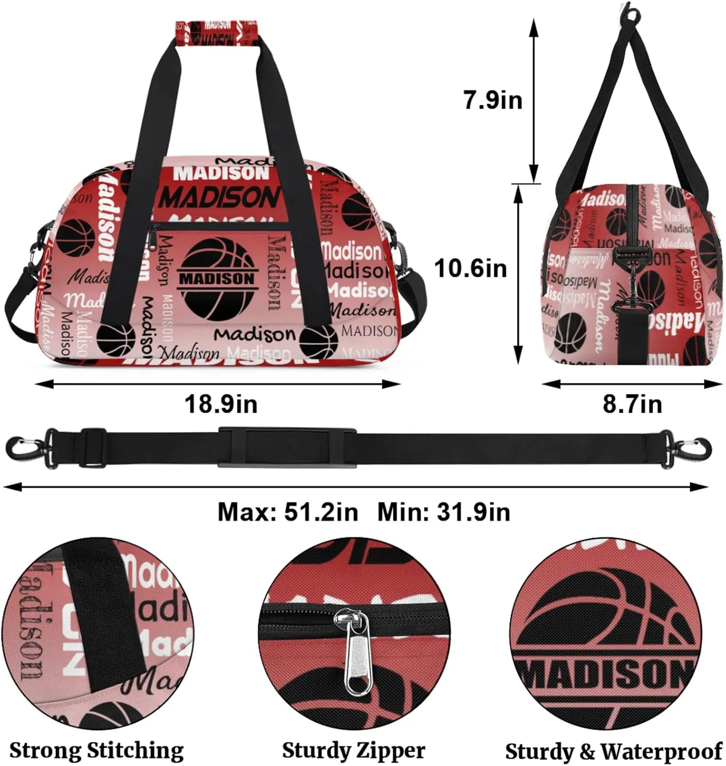 Custom Basketball Gym Duffel Bag for Women Men, Personalized Name Travel Sport Bags Customized Balls Weekender Bag, Deep Red Gradient