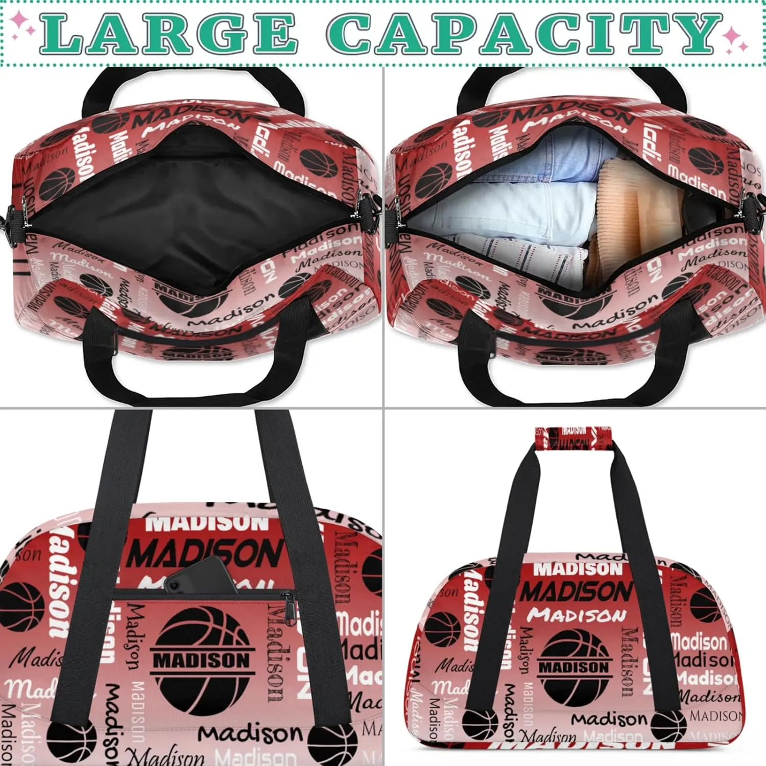 Custom Basketball Gym Duffel Bag for Women Men, Personalized Name Travel Sport Bags Customized Balls Weekender Bag, Deep Red Gradient