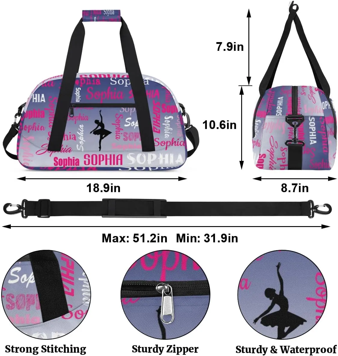 Custom Dance Bag Gym Bag for Women, Personalized Sport Duffel Bag Weekender Bags Travel Duffel Bag Cobalt Blue Gradient Ballet Bags