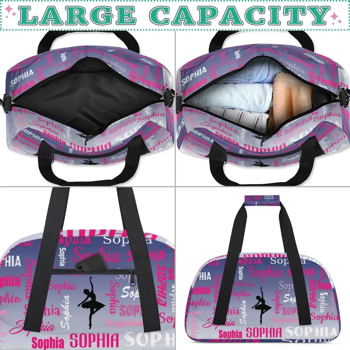 Custom Dance Bag Gym Bag for Women, Personalized Sport Duffel Bag Weekender Bags Travel Duffel Bag Cobalt Blue Gradient Ballet Bags