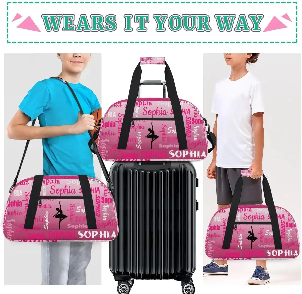 Custom Dance Bag Gym Bag for Women, Personalized Sport Duffel Bag Weekender Bags Travel Duffel Bag Dark Pink Gradient Ballet Bags