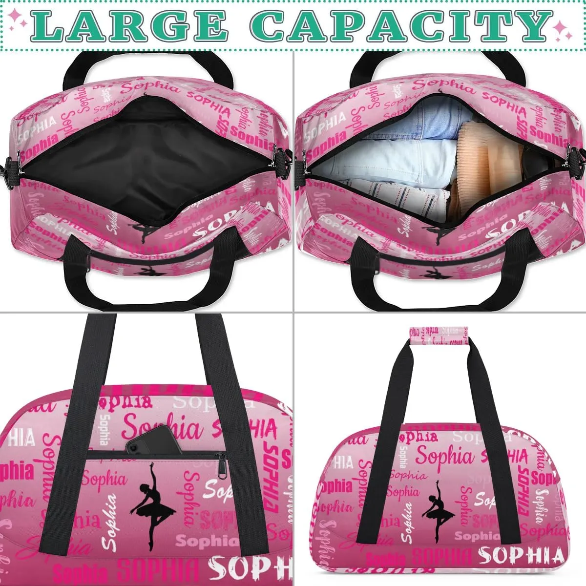Custom Dance Bag Gym Bag for Women, Personalized Sport Duffel Bag Weekender Bags Travel Duffel Bag Dark Pink Gradient Ballet Bags