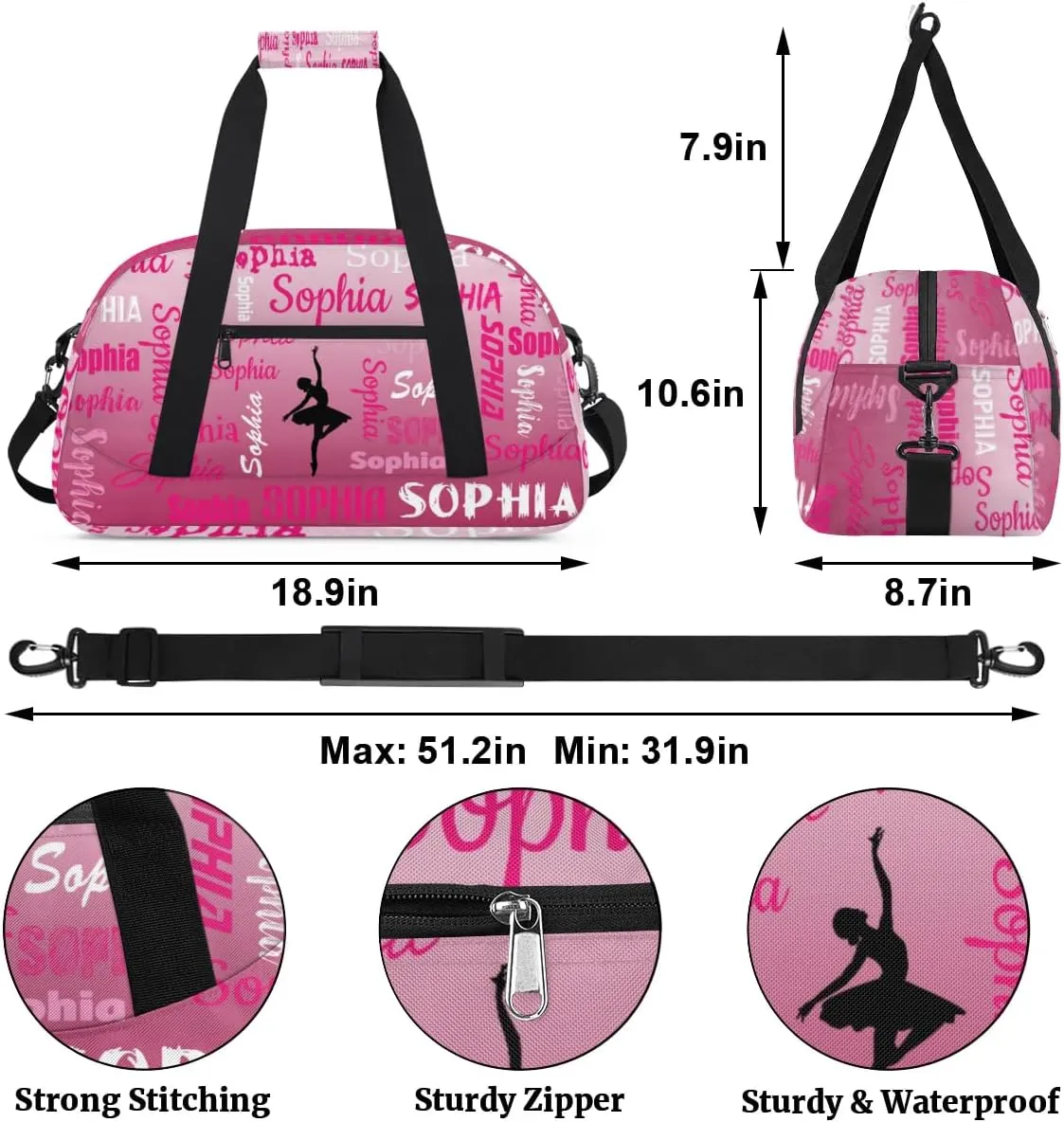Custom Dance Bag Gym Bag for Women, Personalized Sport Duffel Bag Weekender Bags Travel Duffel Bag Dark Pink Gradient Ballet Bags