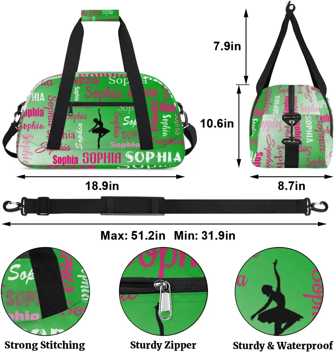Custom Dance Bag Gym Bag for Women, Personalized Sport Duffel Bag Weekender Bags Travel Duffel Bag Grass Green Gradient Ballet Bags