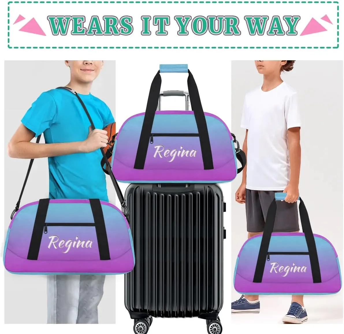 Custom Dance Bag Personalized Duffel Dance Bag Gymnastics Sport Bag Waterproof Carry on Travel Bag Overnight Weekender Bags, Blue Purple Gradient
