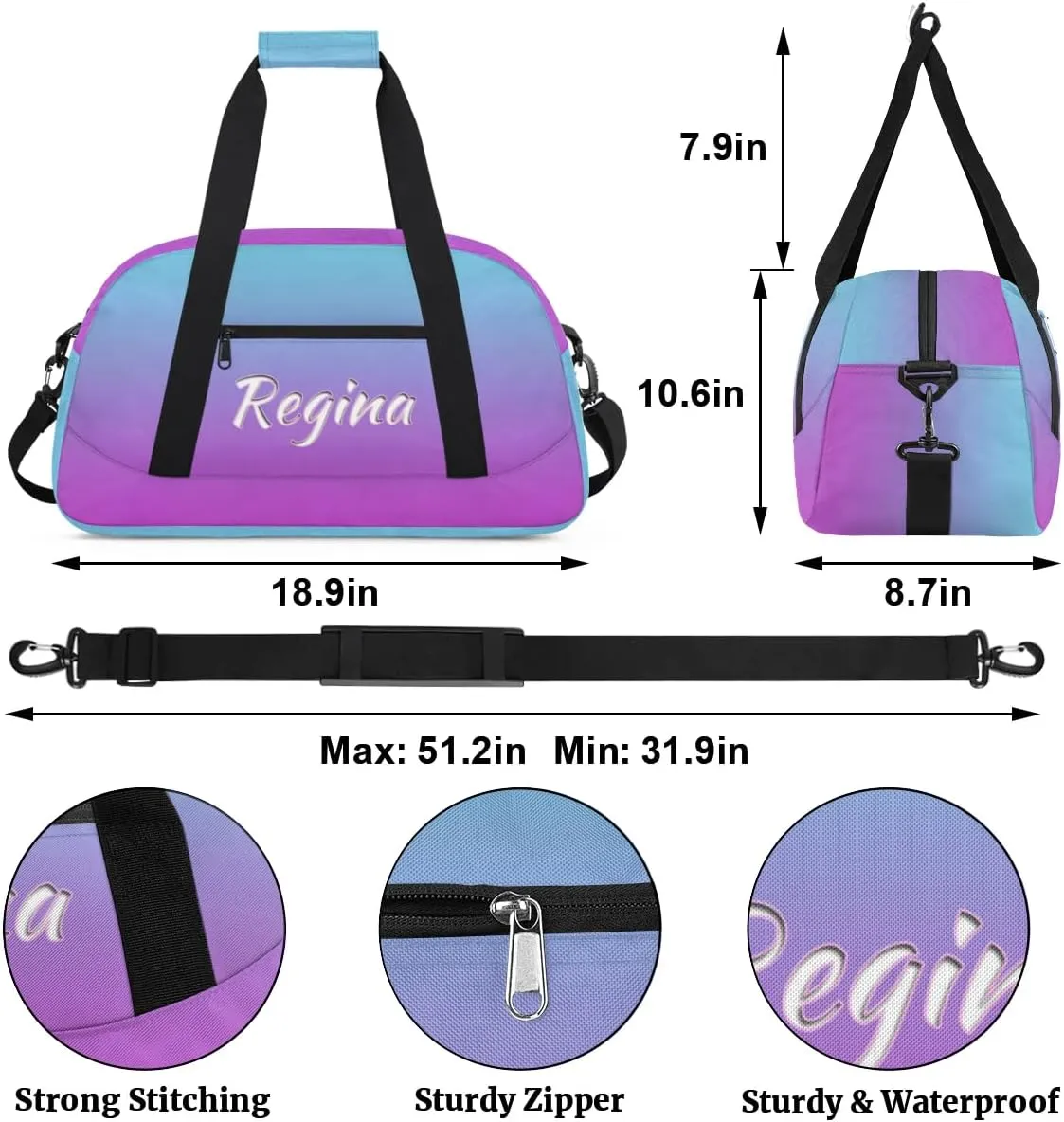 Custom Dance Bag Personalized Duffel Dance Bag Gymnastics Sport Bag Waterproof Carry on Travel Bag Overnight Weekender Bags, Blue Purple Gradient