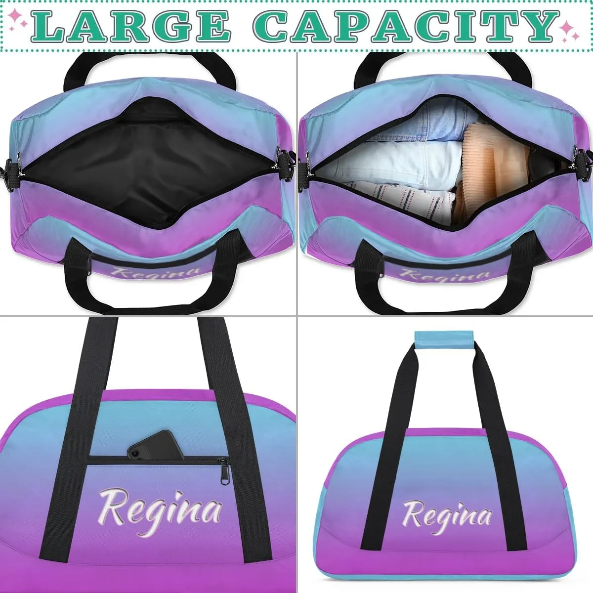 Custom Dance Bag Personalized Duffel Dance Bag Gymnastics Sport Bag Waterproof Carry on Travel Bag Overnight Weekender Bags, Blue Purple Gradient