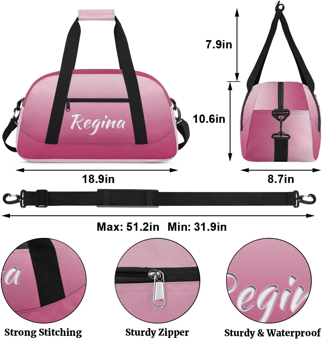 Custom Dance Bag Personalized Duffel Dance Bag Gymnastics Sport Bag Waterproof Carry on Travel Bag Overnight Weekender Bags, Dark Pink Gradient