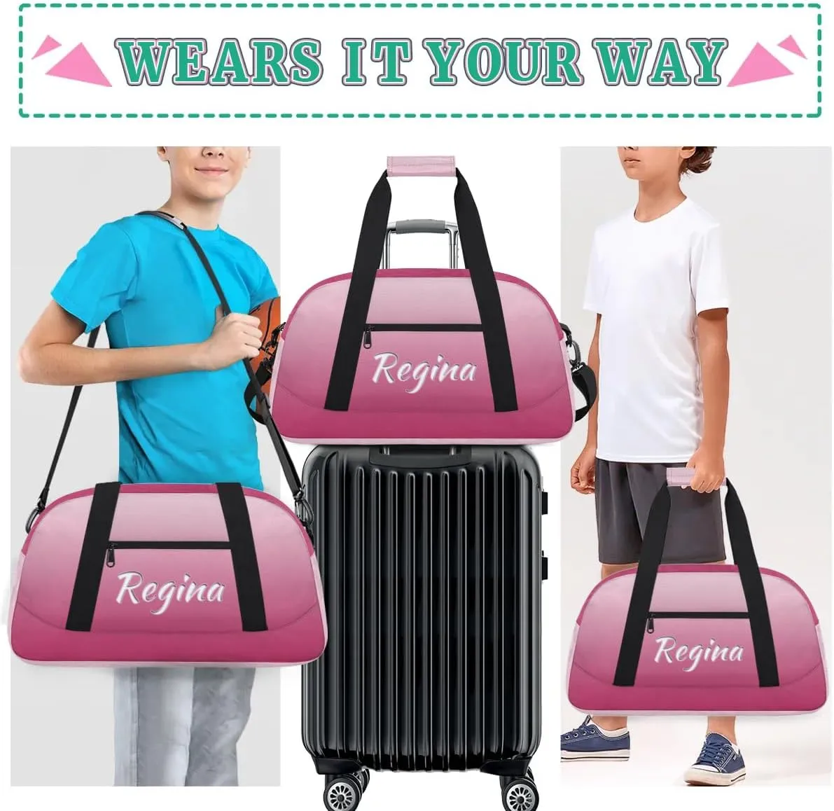 Custom Dance Bag Personalized Duffel Dance Bag Gymnastics Sport Bag Waterproof Carry on Travel Bag Overnight Weekender Bags, Dark Pink Gradient