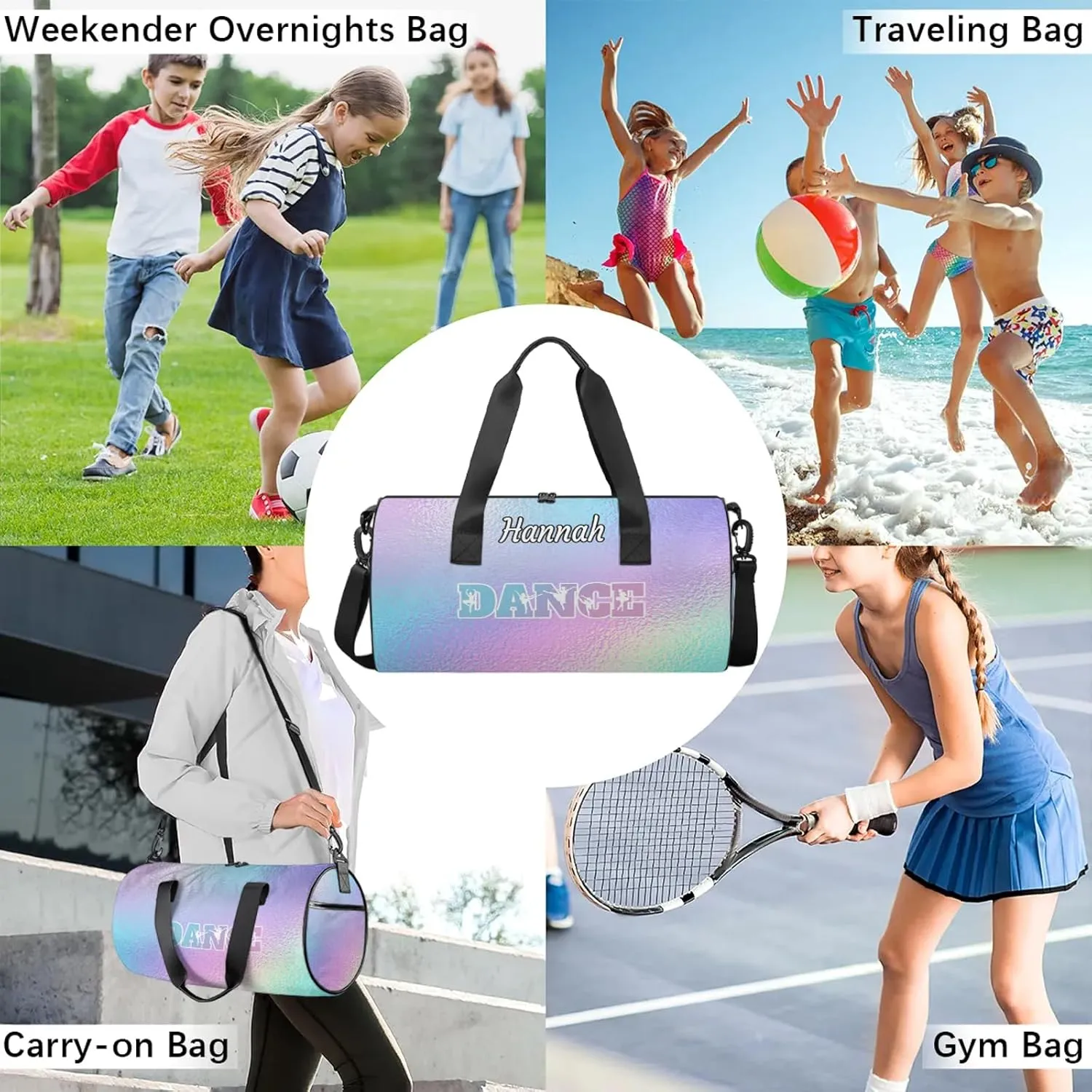 Custom Dance Duffel Bag with Name Round Personalized Dance Ballet Bags Waterproof Customized Travel Bag Carry-On Tote 17.6in, Gradient Blue Purple