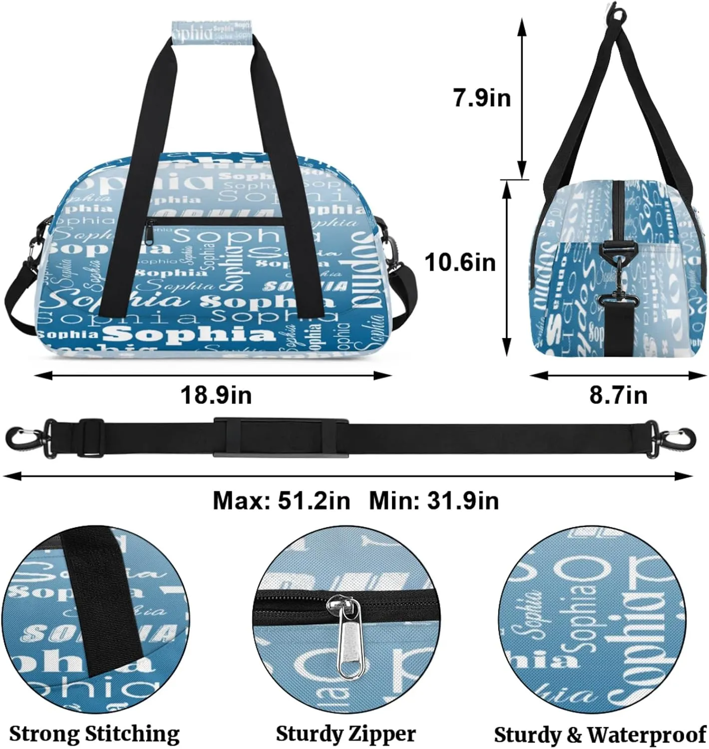 Custom Gym Duffel Bag for Women Men, Personalized Name Sport Bag Overnight Bags Customized Travel Weekender Bag, Blue Gradient