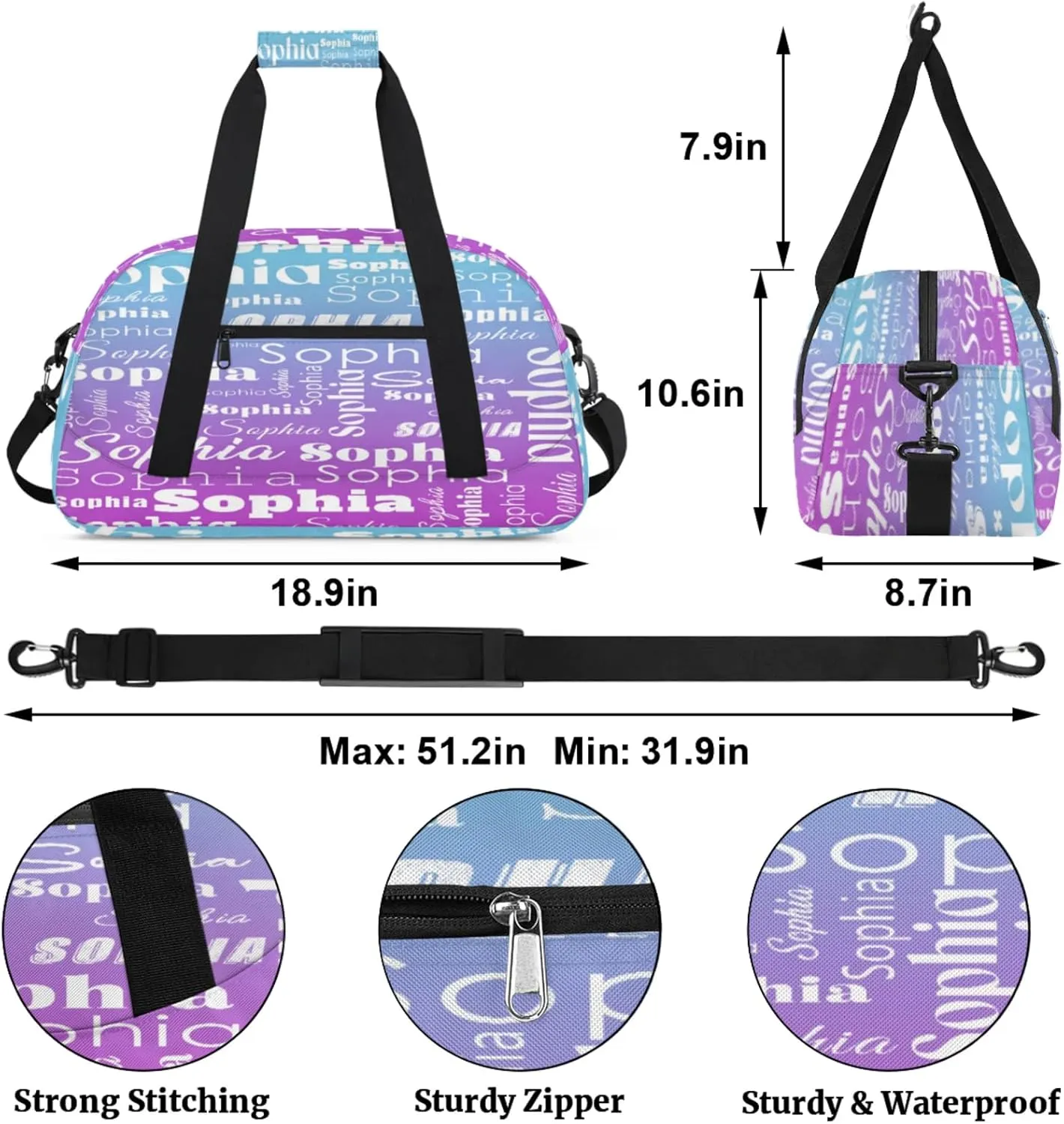 Custom Gym Duffel Bag for Women Men, Personalized Name Sport Bag Overnight Bags Customized Travel Weekender Bag, Blue Purple Gradient