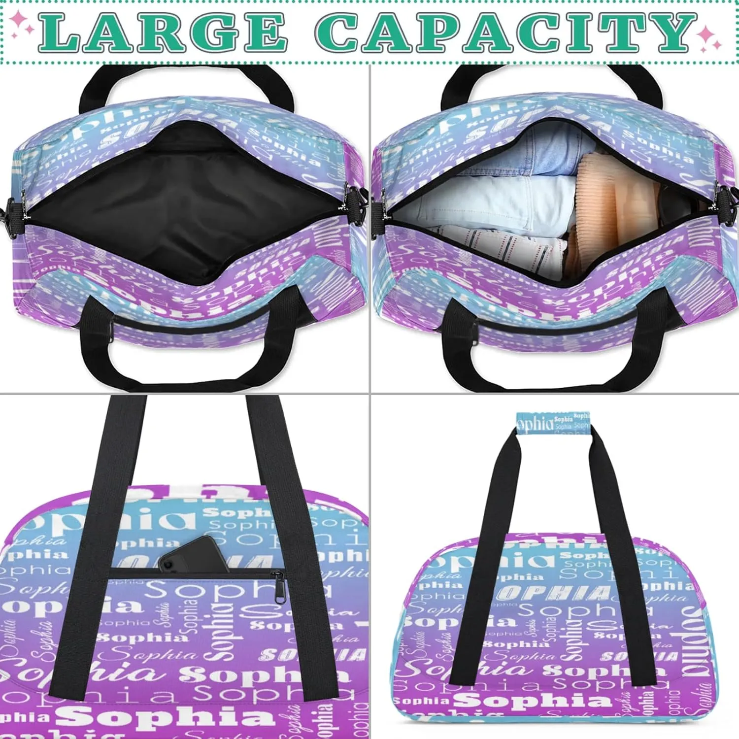 Custom Gym Duffel Bag for Women Men, Personalized Name Sport Bag Overnight Bags Customized Travel Weekender Bag, Blue Purple Gradient