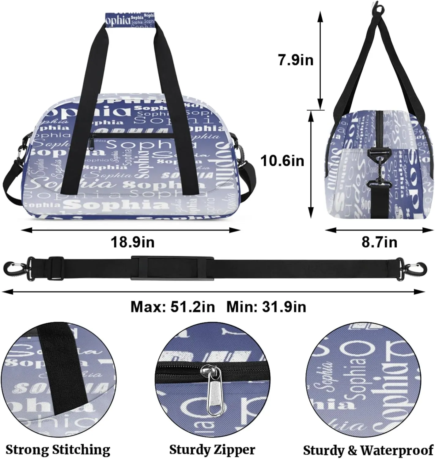 Custom Gym Duffel Bag for Women Men, Personalized Name Sport Bag Overnight Bags Customized Travel Weekender Bag, Cobalt Blue Gradient