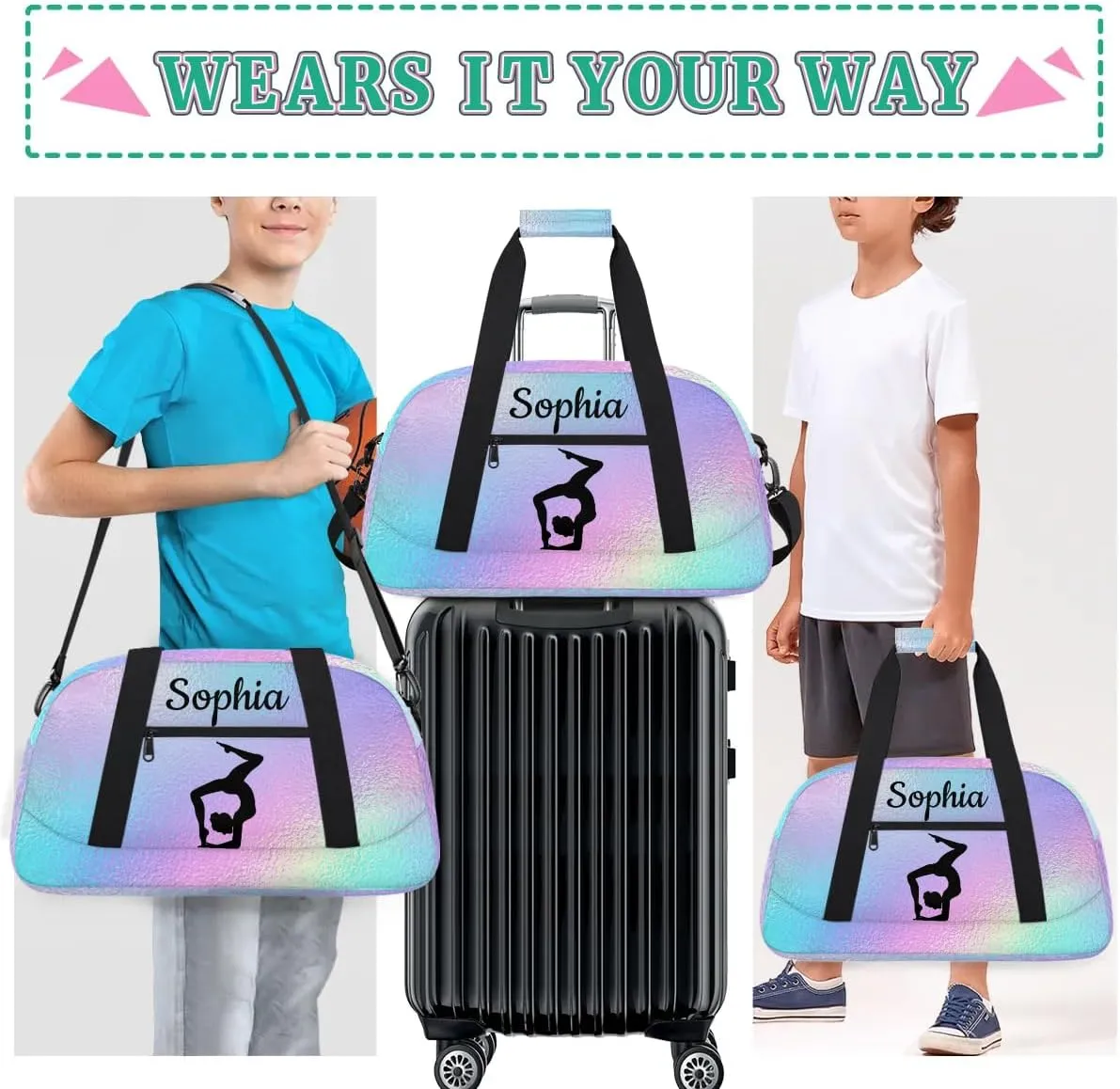 Custom Gymnastics Duffel Bag Personalized Gym Duffel Bags Dance Bag with Name Customized Gymnastics Bag for Women, Gradient Blue Purple