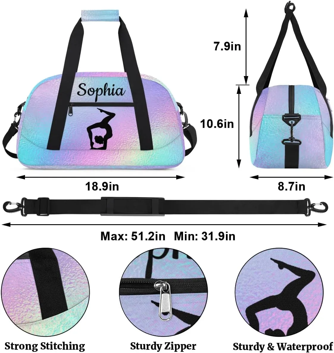 Custom Gymnastics Duffel Bag Personalized Gym Duffel Bags Dance Bag with Name Customized Gymnastics Bag for Women, Gradient Blue Purple