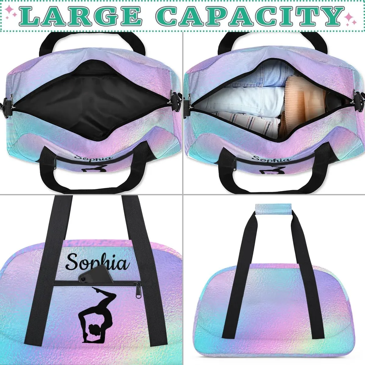 Custom Gymnastics Duffel Bag Personalized Gym Duffel Bags Dance Bag with Name Customized Gymnastics Bag for Women, Gradient Blue Purple