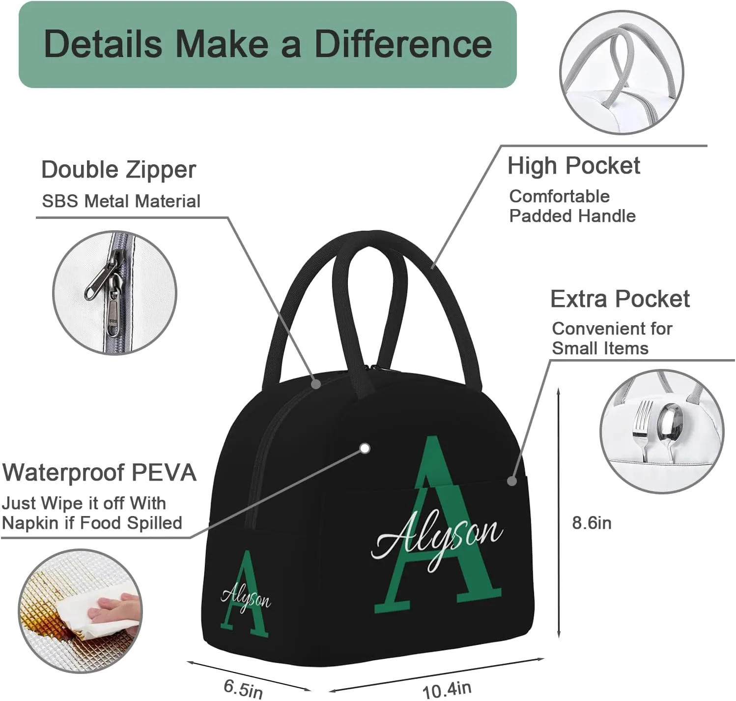 Custom Initial Name Lunch Bag For Boys Girls Men Women Personalized Portable Insulated Lunch Bag Box Customized Reusable Cooler Lunch Tote Bag For School Office Picnic Party Travel