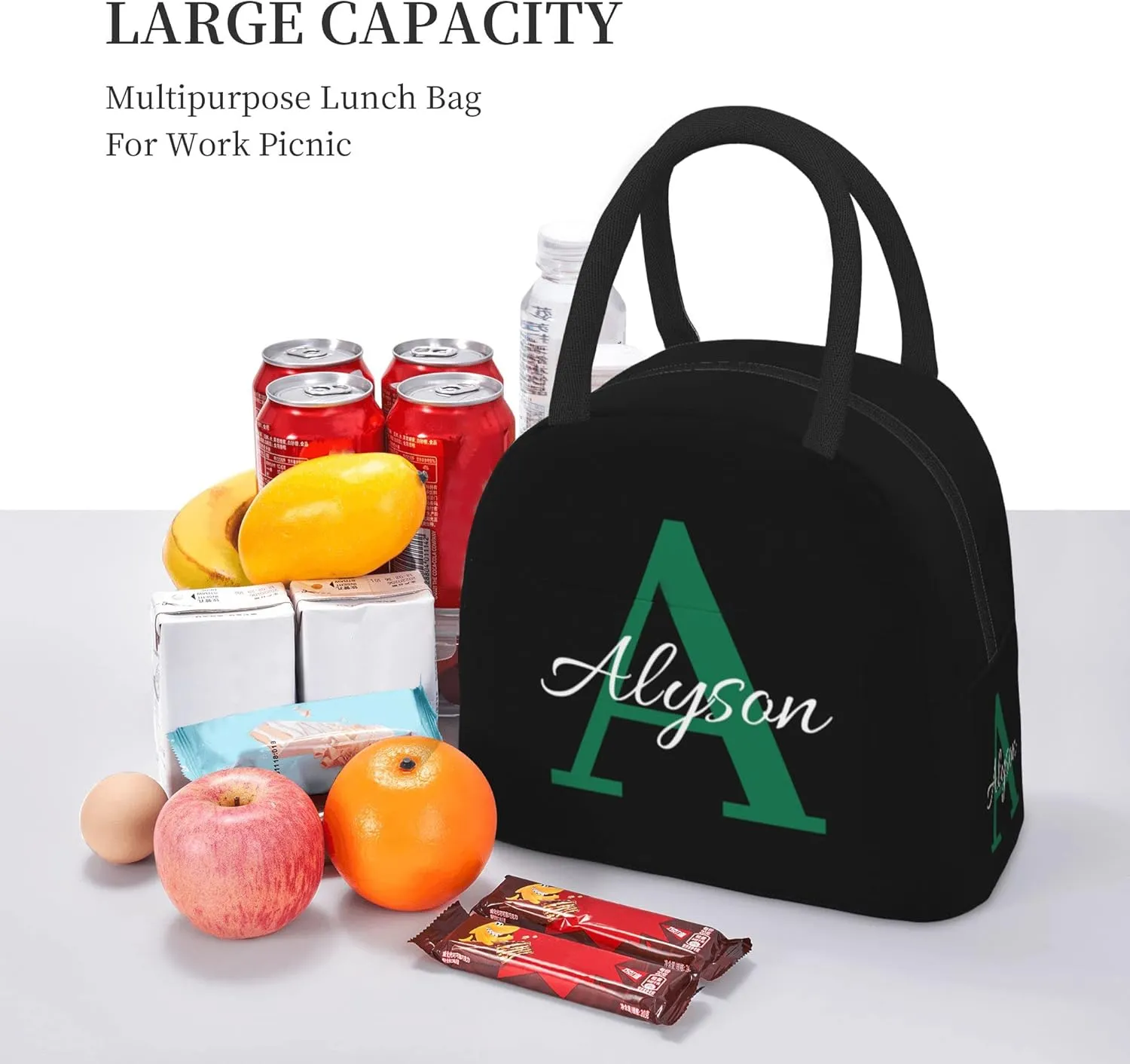 Custom Initial Name Lunch Bag For Boys Girls Men Women Personalized Portable Insulated Lunch Bag Box Customized Reusable Cooler Lunch Tote Bag For School Office Picnic Party Travel