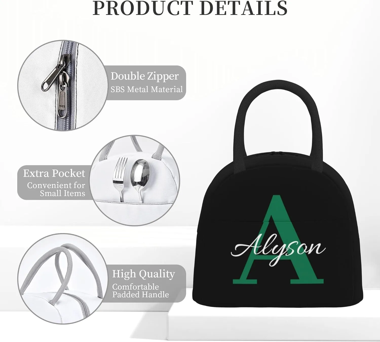 Custom Initial Name Lunch Bag For Boys Girls Men Women Personalized Portable Insulated Lunch Bag Box Customized Reusable Cooler Lunch Tote Bag For School Office Picnic Party Travel