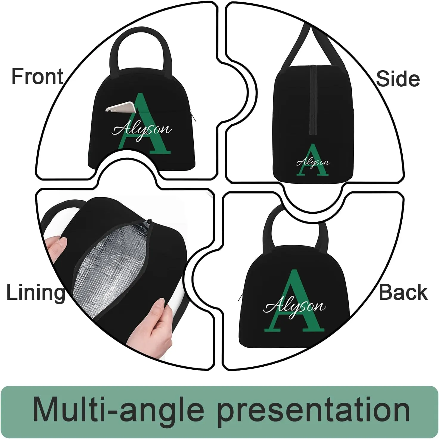Custom Initial Name Lunch Bag For Boys Girls Men Women Personalized Portable Insulated Lunch Bag Box Customized Reusable Cooler Lunch Tote Bag For School Office Picnic Party Travel