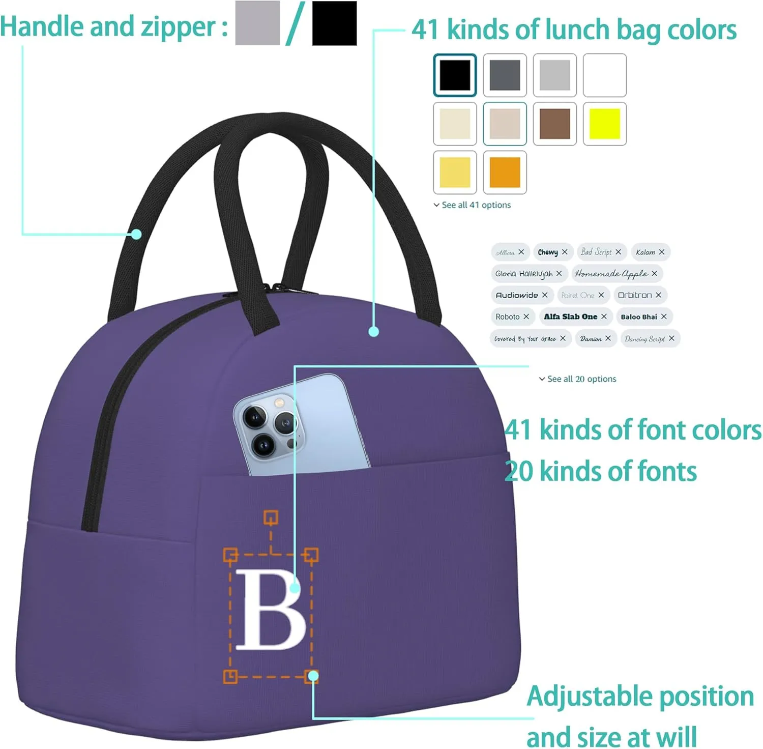 Custom Initial Name Lunch Bag For Boys Girls Men Women Personalized Portable Insulated Lunch Bag Box Customized Reusable Cooler Lunch Tote Bag For School Office Picnic Party Travel