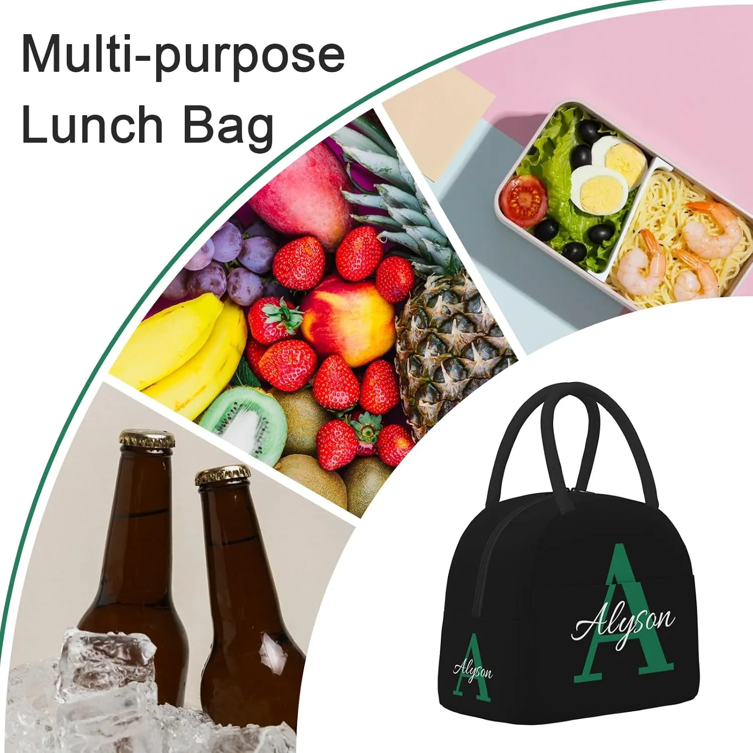 Custom Initial Name Lunch Bag For Boys Girls Men Women Personalized Portable Insulated Lunch Bag Box Customized Reusable Cooler Lunch Tote Bag For School Office Picnic Party Travel