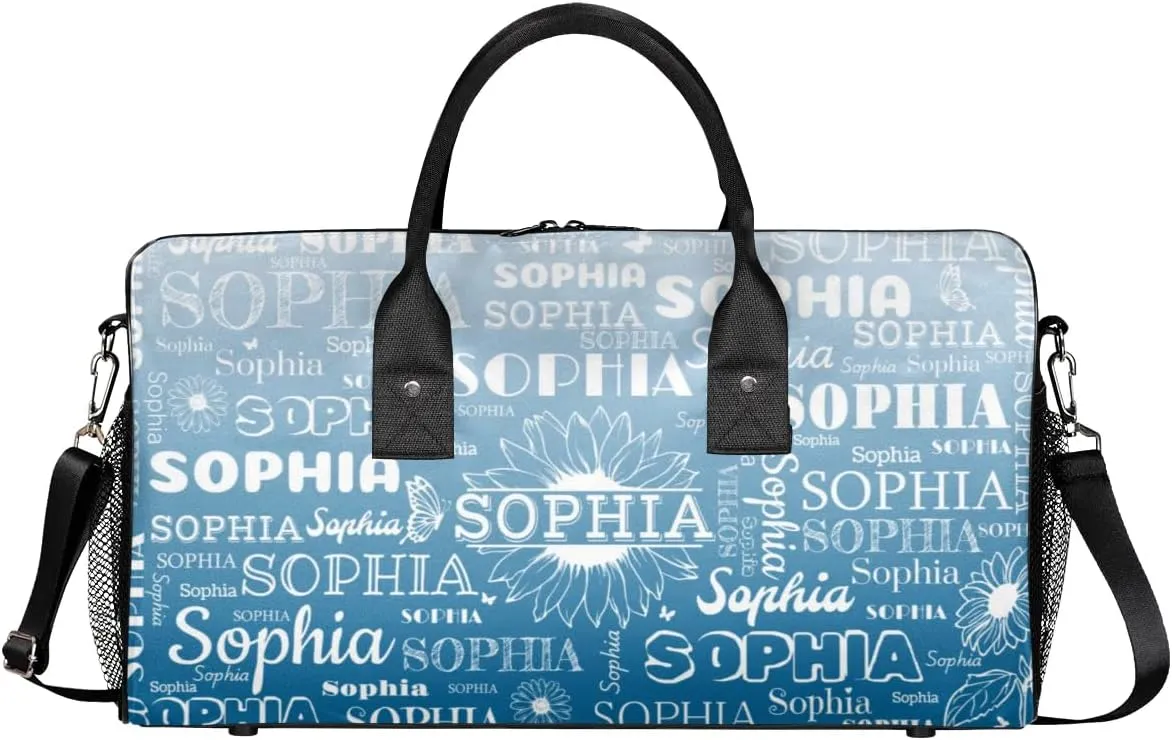 Custom Name Sport Duffel Bag, Sunflower Personalized Gym Bag for Women, Custom Travel Tote Bags for Dance Cheer, Overnight Weekender Bags, Blue Gradient Bag