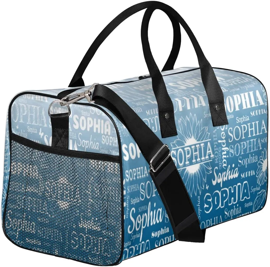 Custom Name Sport Duffel Bag, Sunflower Personalized Gym Bag for Women, Custom Travel Tote Bags for Dance Cheer, Overnight Weekender Bags, Blue Gradient Bag