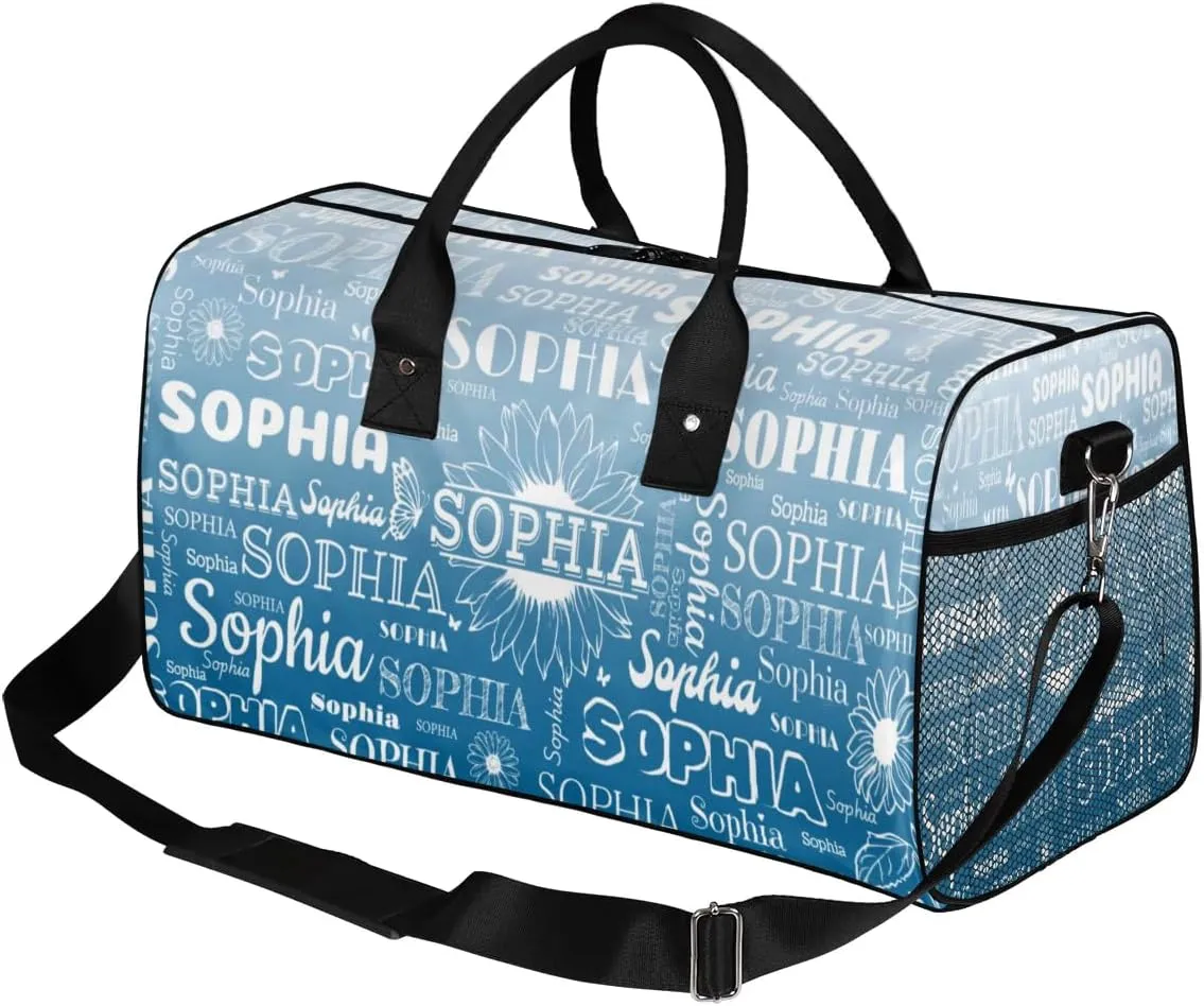 Custom Name Sport Duffel Bag, Sunflower Personalized Gym Bag for Women, Custom Travel Tote Bags for Dance Cheer, Overnight Weekender Bags, Blue Gradient Bag