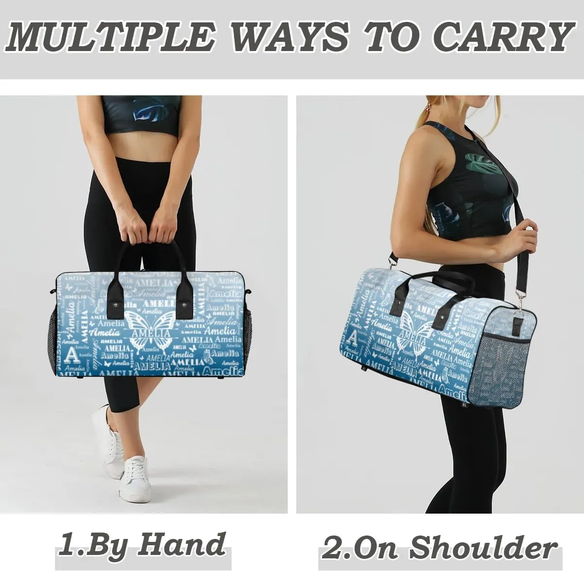 Custom Name Sport Duffel Bag with Butterfly, Personalized Initial Gym Bag for Women, Custom Travel Tote Bags for Dance Cheer, Overnight Weekender Bags, Blue Gradient