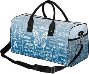 Custom Name Sport Duffel Bag with Butterfly, Personalized Initial Gym Bag for Women, Custom Travel Tote Bags for Dance Cheer, Overnight Weekender Bags, Blue Gradient