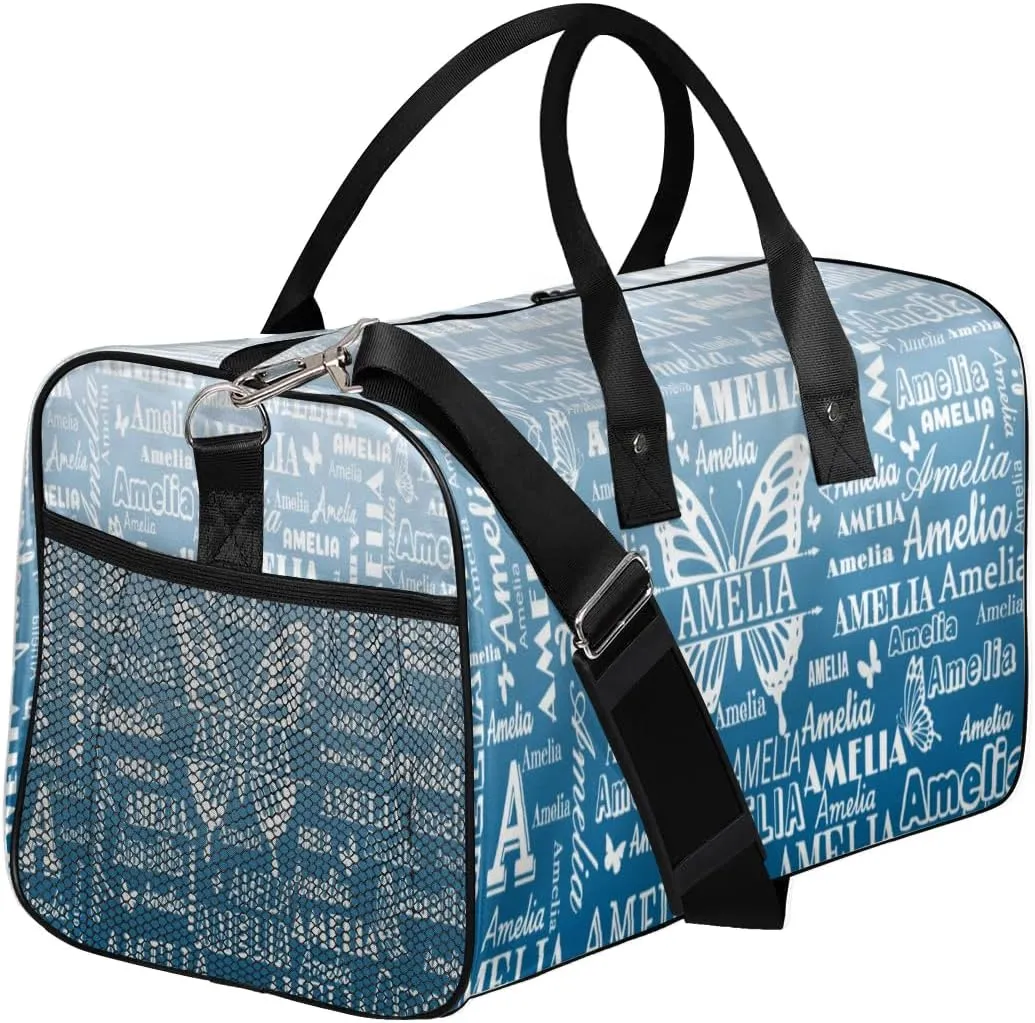 Custom Name Sport Duffel Bag with Butterfly, Personalized Initial Gym Bag for Women, Custom Travel Tote Bags for Dance Cheer, Overnight Weekender Bags, Blue Gradient