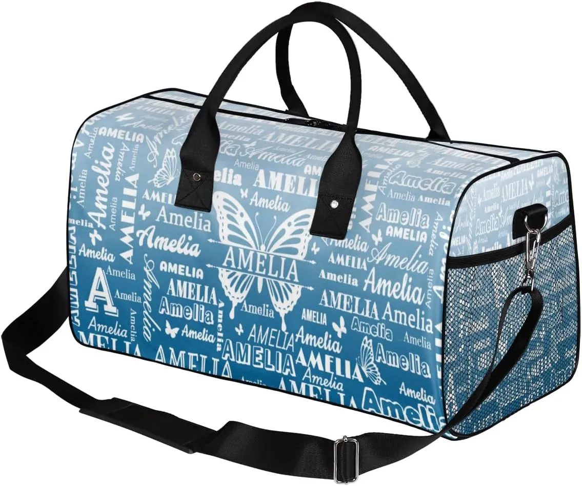Custom Name Sport Duffel Bag with Butterfly, Personalized Initial Gym Bag for Women, Custom Travel Tote Bags for Dance Cheer, Overnight Weekender Bags, Blue Gradient