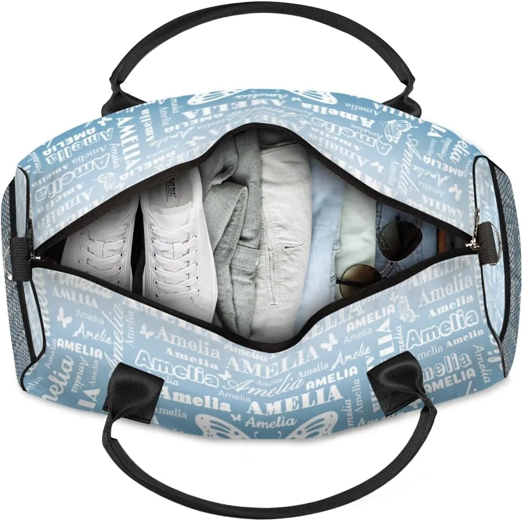 Custom Name Sport Duffel Bag with Butterfly, Personalized Initial Gym Bag for Women, Custom Travel Tote Bags for Dance Cheer, Overnight Weekender Bags, Blue Gradient