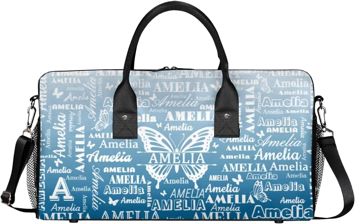 Custom Name Sport Duffel Bag with Butterfly, Personalized Initial Gym Bag for Women, Custom Travel Tote Bags for Dance Cheer, Overnight Weekender Bags, Blue Gradient
