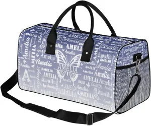 Custom Name Sport Duffel Bag with Butterfly, Personalized Initial Gym Bag for Women, Custom Travel Tote Bags for Dance Cheer, Overnight Weekender Bags, Cobalt Blue Gradient