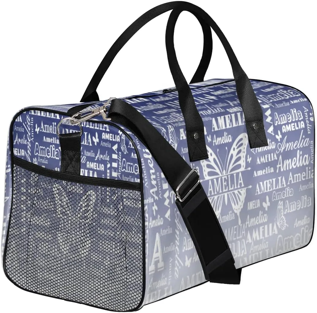 Custom Name Sport Duffel Bag with Butterfly, Personalized Initial Gym Bag for Women, Custom Travel Tote Bags for Dance Cheer, Overnight Weekender Bags, Cobalt Blue Gradient