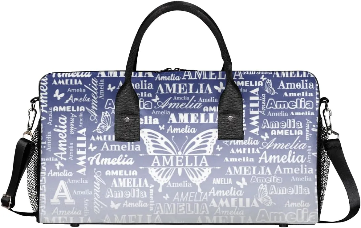 Custom Name Sport Duffel Bag with Butterfly, Personalized Initial Gym Bag for Women, Custom Travel Tote Bags for Dance Cheer, Overnight Weekender Bags, Cobalt Blue Gradient
