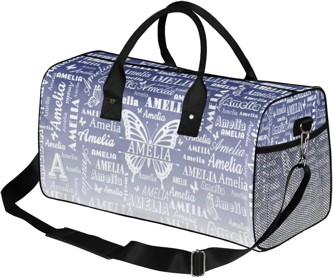 Custom Name Sport Duffel Bag with Butterfly, Personalized Initial Gym Bag for Women, Custom Travel Tote Bags for Dance Cheer, Overnight Weekender Bags, Cobalt Blue Gradient