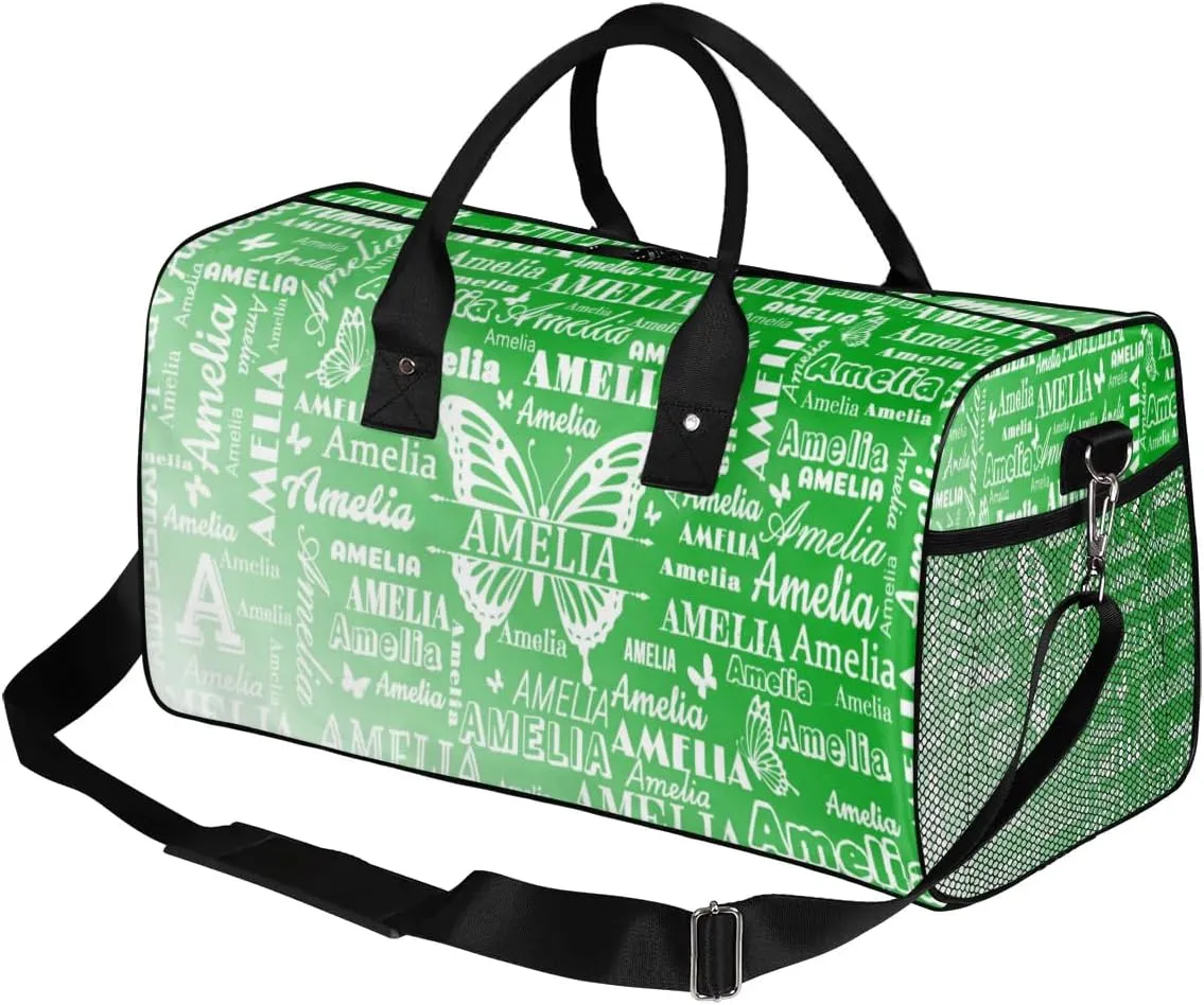 Custom Name Sport Duffel Bag with Butterfly, Personalized Initial Gym Bag for Women, Custom Travel Tote Bags for Dance Cheer, Overnight Weekender Bags, Grass Green Gradient